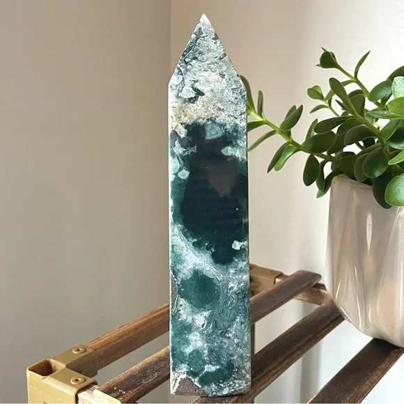 🎁SALE🎁 💚💜Druzy Geode Moss Agate Amethyst Crystal Tower💜💚